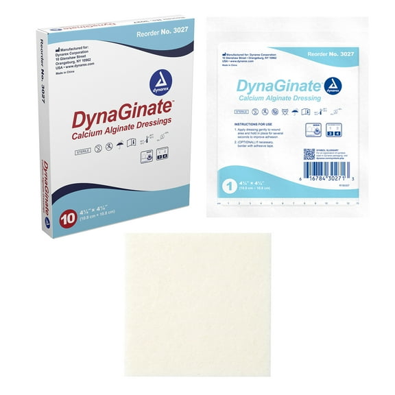 Dynarex DynaGinate Calcium Alginate Wound Dressing - Sterile, Non-Stick Topical Wound Pads - Absorbent Gel Patches For Moderate To High Exuding Cuts - For Medical & Home Use - 4.25"x 4.25", Box of 10