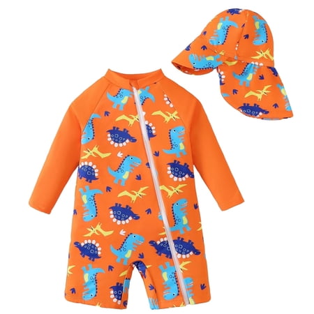 KIMI BEAR Infant baby Boys One-piece Swimsuit 18-24 Months Swimwear Full Zipper Sun Protection Dinosaur Print One Piece Bathing Suit Rash Guard and Hat Beachwear Sunsuit Orange