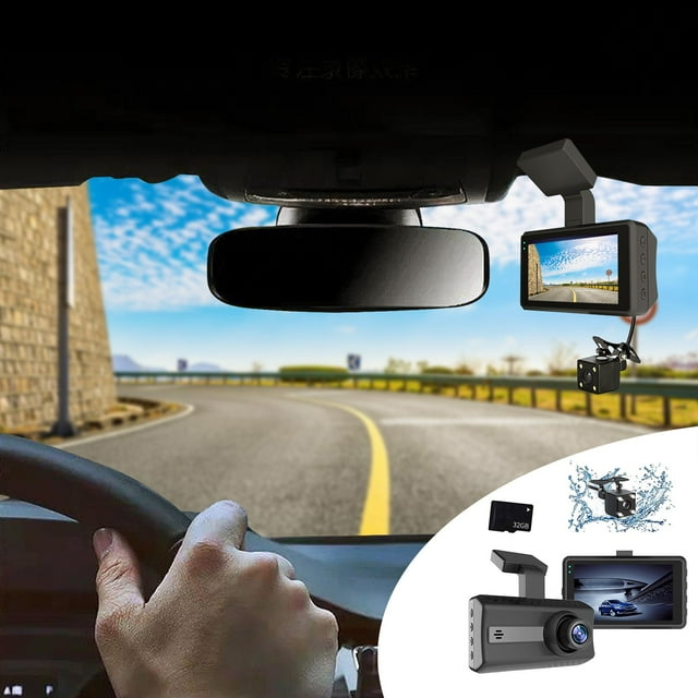 1080P Car Dash Cam with 3.0-Inch Screen | Dual Front 1080P & Rear 720P Cameras | 170° Wide Angle | G-Sensor | Loop Recording | Parking Monitor | 32GB Card Included | Motion Detection | Black