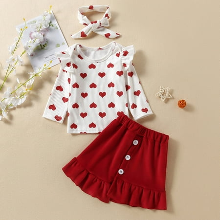 

Hunpta Toddler Girls Long Sleeve Love Print Ribbed Tops Skirt Headbands Newborn Outfits 3PCS Outfits Clothes Set