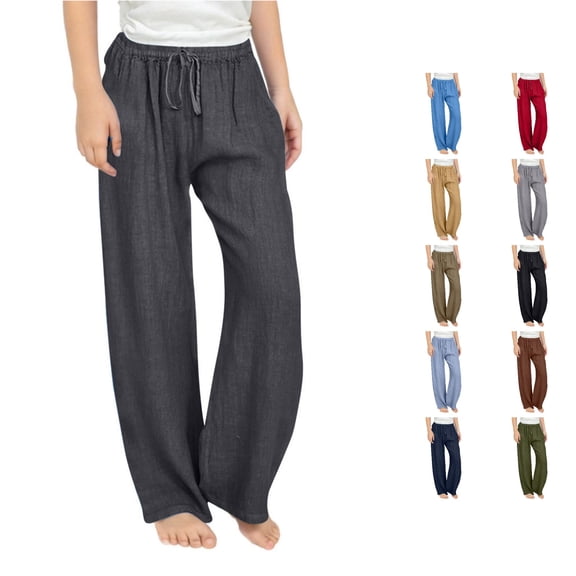 Weebloom Girl Cotton Linen Pants Kids Casual Lightweight Summer Loose Fit Elastic Waist Plus Size Solid Long Trousers Beach Pants Dark Gray 10-11 Years