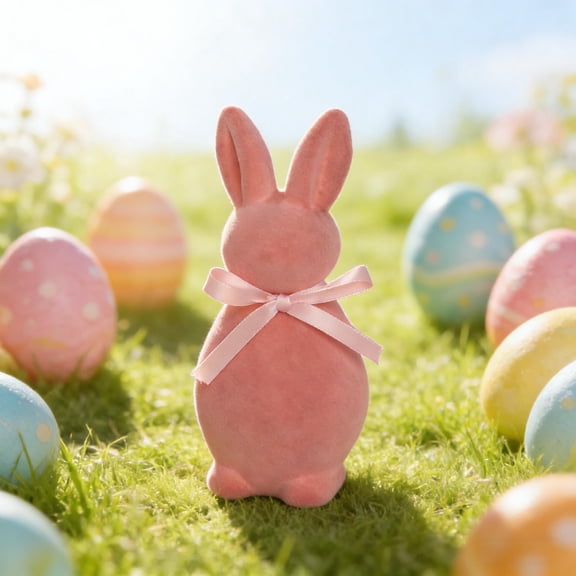 LHNFT Easter Flocked Bunnies Figurine Easter Decorations, Flocked Easter Bunny Decor, Spring Tables Decoration Centerpieces Indoor Easter Decorating Bunnies for Home Office Party Supplies