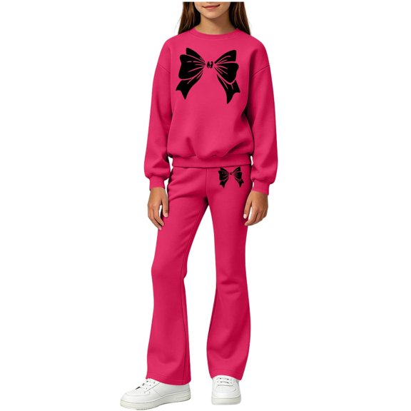 Girls 2 Piece Set Fall Crew Neck Long Sleeve Printed Pullover Sweatshirt Flared Sweatpants Suits Casual Outfits (13-14 Y, Red)