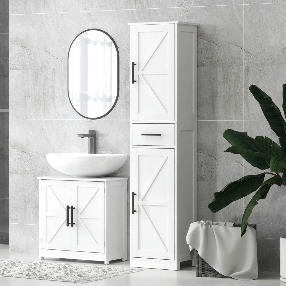 GVN Bathroom Storage Cabinet, Bathroom Floor Cabinet,Bathroom Sink Cabinet with 2 Barn Doors and Adjustable Shelf, White