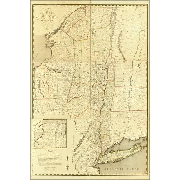 24"x36" Gallery Poster, Map of the State of New York 1802