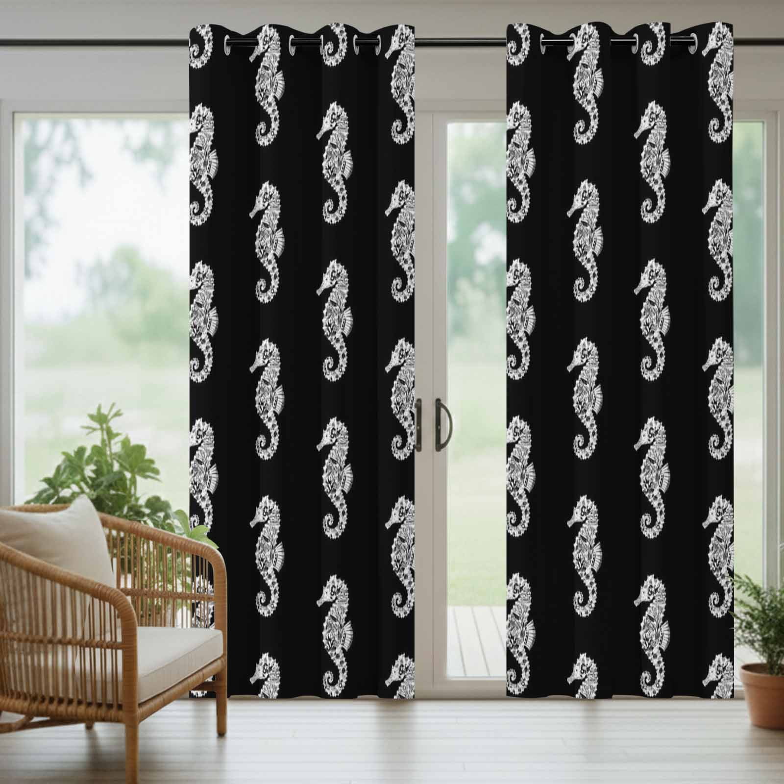 White Seahorse Outdoor Curtains for Patio, Watercolor Retro Summer Coral Ocean Black Background Sunshade Privacy Drapes Grommet Waterproof Outside Curtains for Porch/Cabana/Balcony 54"x 108", 1 Panel