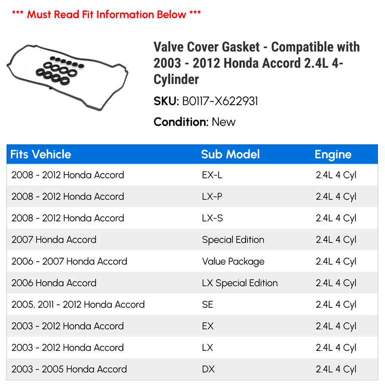 Valve Cover Gasket Kit – Fits 2003-2005 Honda Accord 2.4L (DX, EX, LX, SE) – Evan-Fischer