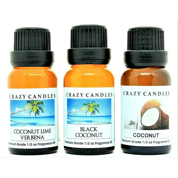Crazy Candles 3 Bottles Set, 1 Coconut Lime Verbena, 1 Coconut, 1 Black Coconut 1/2 Fl Oz Each (15ml) Premium Grade Scented Fragrance Oils