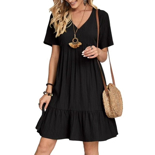 Daeful Robe Mini pour Femmes Manches Courtes Robes de Soirée Col en V Kaftan Été Plage Robe d'Été Noire P