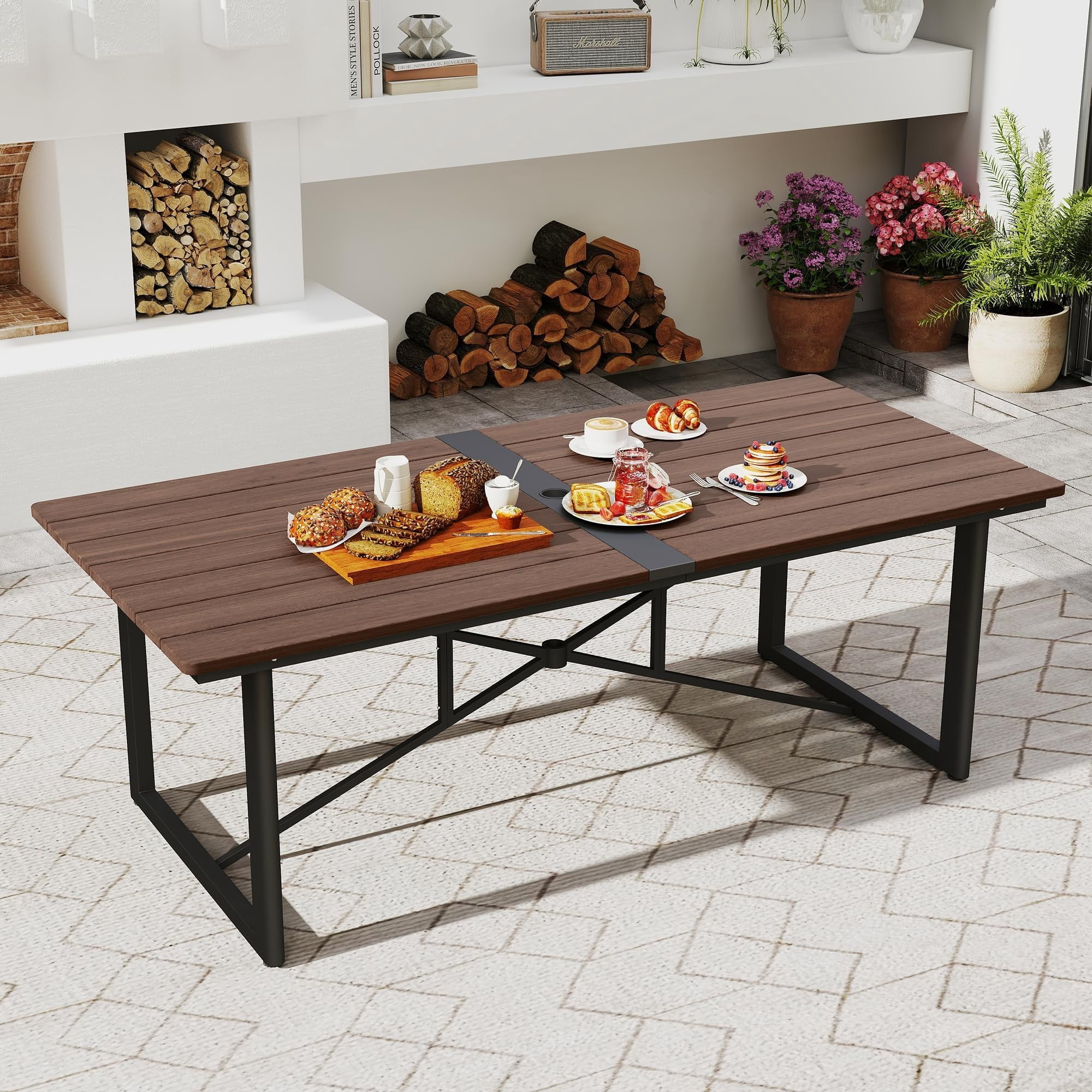 Outdoor Acacia Wood Dining Table for 8, Large Patio Table with Aluminum Frame & Umbrella Hole, Rectangle Outdoor Dining Table for Backyard Deck Garden