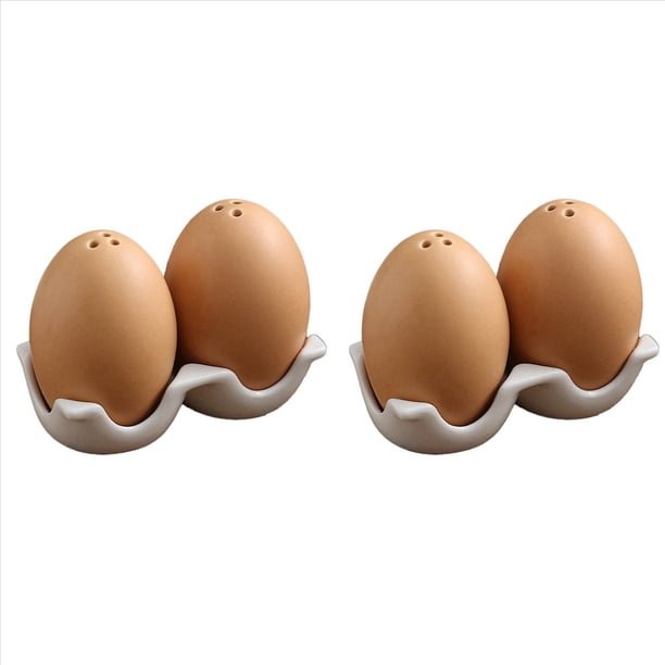 2X Juego de Salero y Pimentero de Cerámica, Mini en Forma de Huevo Marrón con Soporte de Sujeción con Diseño de Cartón