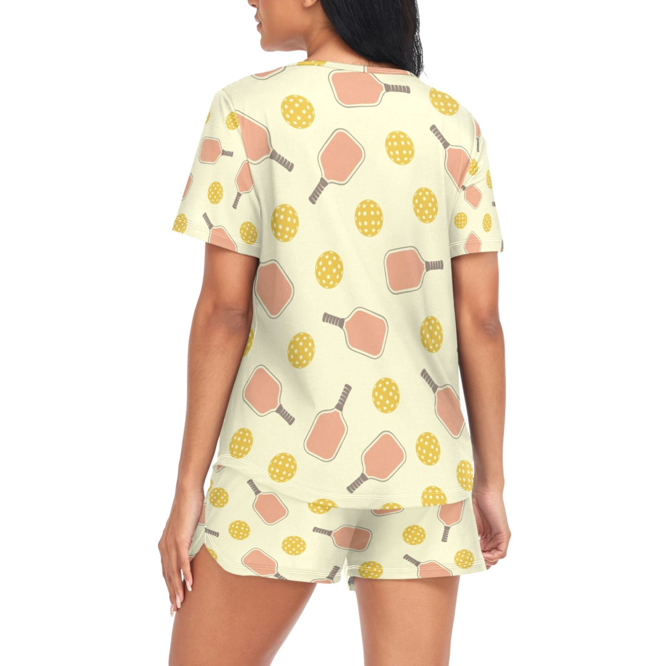 joogoo Women's Pajama Set Yellow Pickleball Balls Short Sleepwear Loungewear with Pockets S