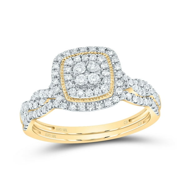 10kt Yellow Gold 1/2 Cttw Natural Diamond Cushion Double Halo Wedding Engagement Anniversary Bridal Set, Women Size: 5-9