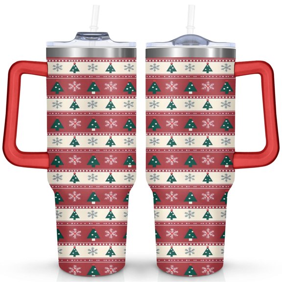 Red Line Christmas Tree Snowflakes 40 Oz Tumbler with Handle Lid and Straw Stainless Steel Double Walled Vacuum Insulated Cup Merry Christmas Gifts Tumbler for Women Men Friends Outdoor Indoor