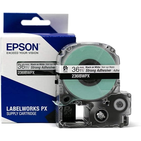 Epson LABELWORKS 236IBWPX - Black on White Strong Adhesive PET Label Maker Tape - 1.5" (36MM) Wide, 30'