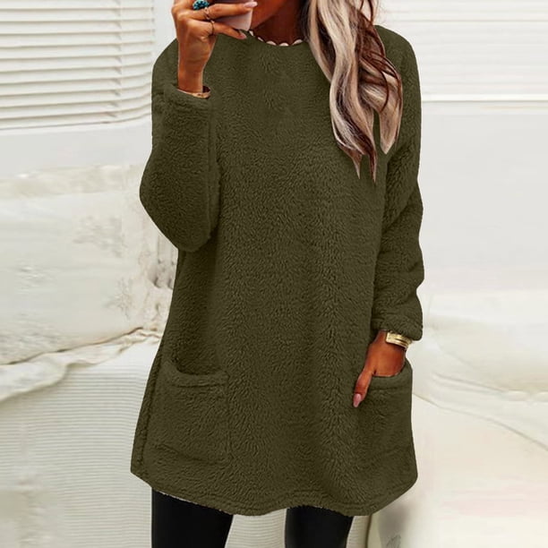 Pntutb Blusa de manga larga cálida con bolsillo sólido suelto para otoño e invierno con cuello redondo para mujer Pntutb Pntutb-6941