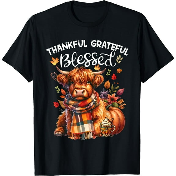 Thankful Grateful Blessed Highland cow Fall Y'all Autumn T-Shirt