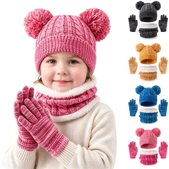 Sentuca Kids Winter Hat Gloves Scarf Set, Bear Ear Knit Beanie Hat Neck Warmer Gloves Boys Girls Warm Cold Weather Outdoor Accessories Size 3-12Y