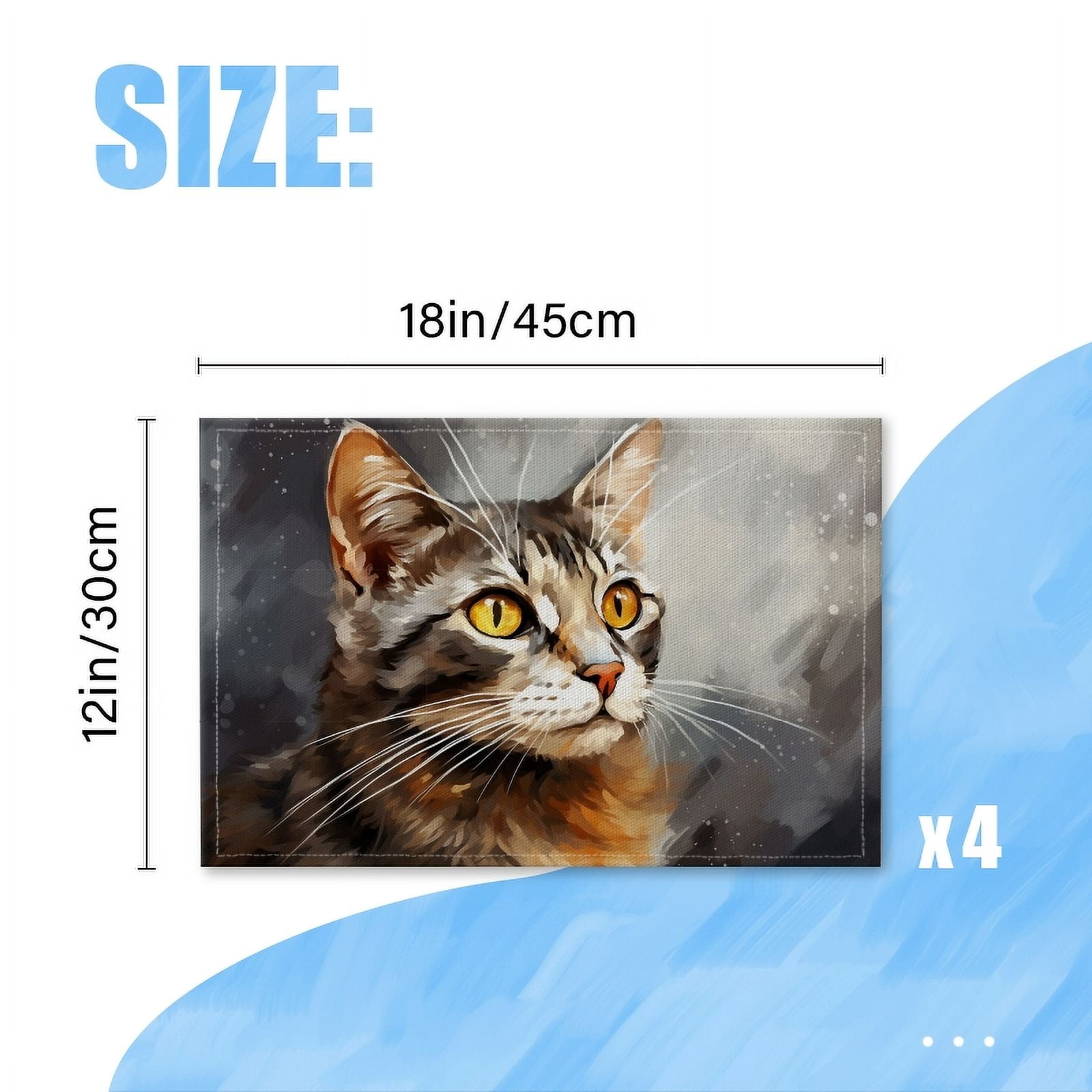 BaHomeck placemats Set of 4 rectangle Linen Cotton Placemats for Dining Table Washable Heat Resistant,18*12inch,Cute Cat Against Grey Background