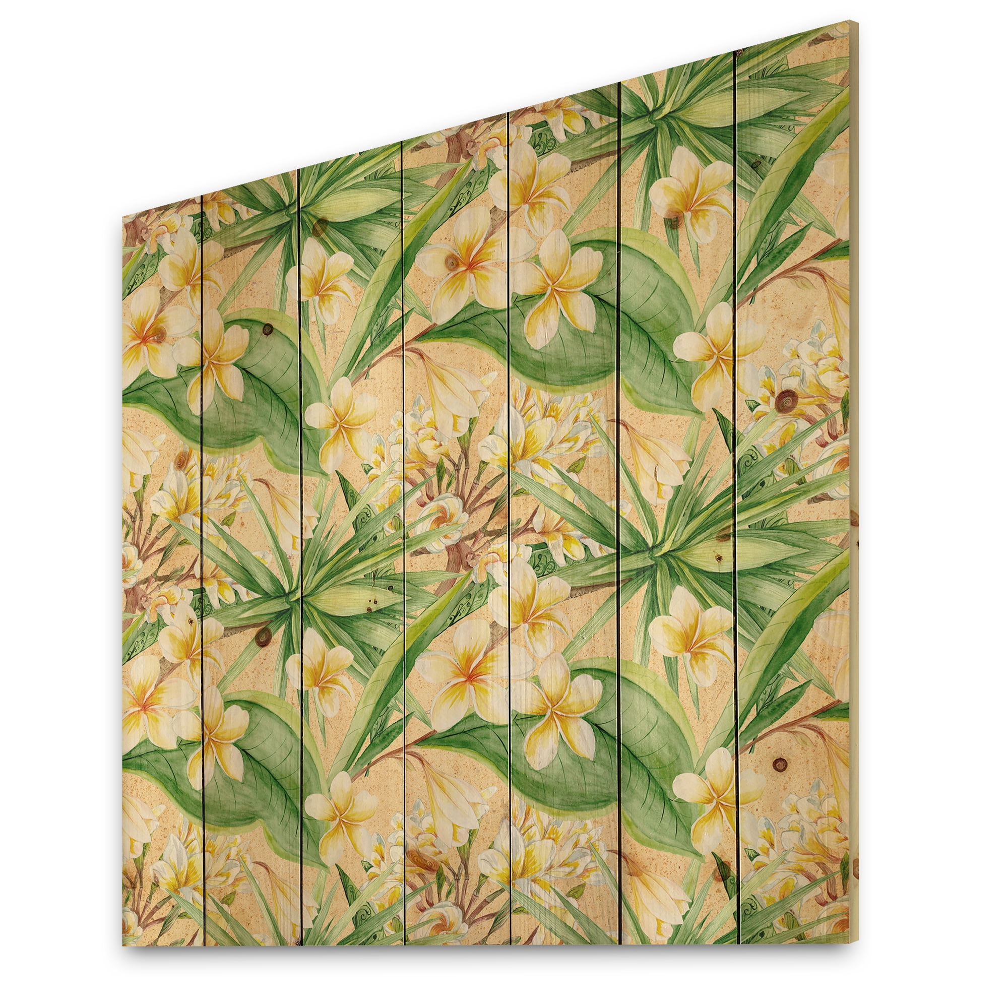 Designart 'Yellow Flowers and Tropical Foliage XIII' Modern Print on Natural Pine Wood