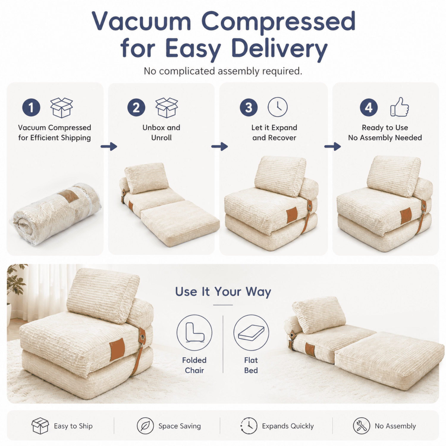 Miniyam Folding Floor Chair Bed, 3-in-1 Convertible Floor Sofa Bed with Flannelette Upholstery and Side Pockets, White