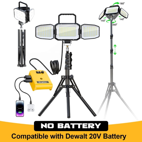 Ecarke LED Work Lights Compatible with DeWalt 20V Battery, 150W 15000LM Flood Light Portable with1.6M Stand, 6500K Flood Light with USB Type-C Fast Charging, 2 Brightness Modes (Tool Only)