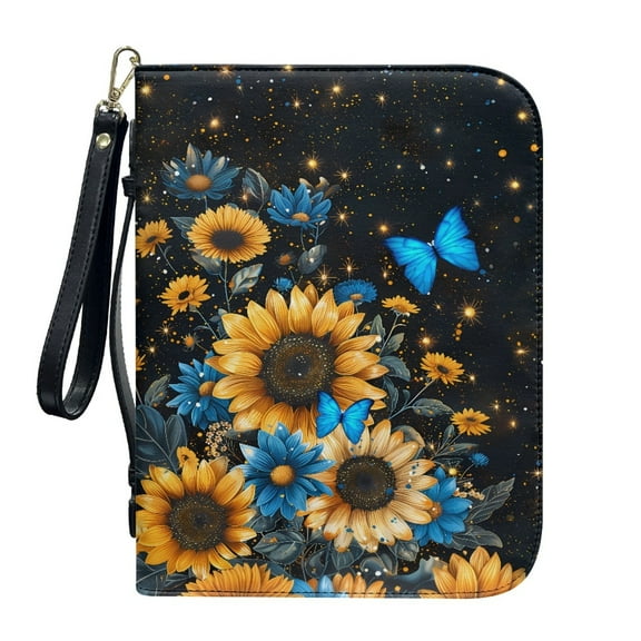 ZUXONGSY Butterfly Daisy Flower Sunflower Star Print PU Leather Bible Cover for Women Men Large Bible Carrying Case with Detachable Wristlet Strap Lightweight Church Bag for Study, XL
