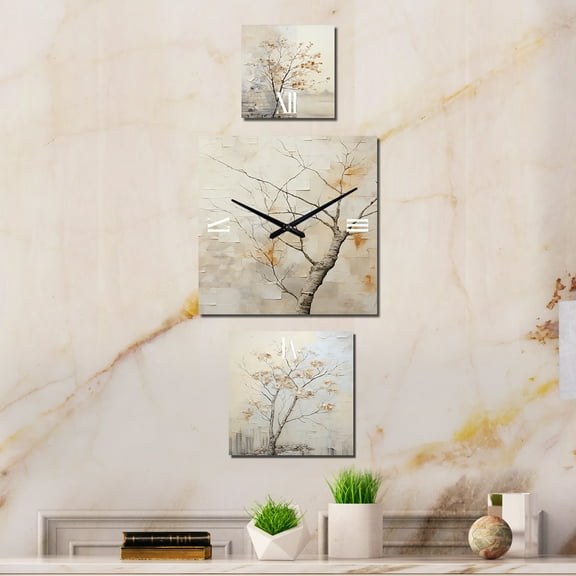 Designart "Sycamore in Minimalist Landscape" Trees Extra large Clock For Office Décor - Large Traditional Wall Clock - Oversized Beige Wall Clock - Set Of 3