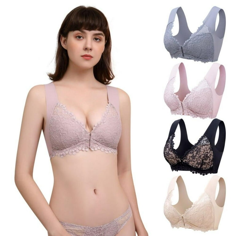 Clearance!Plus Size Women Lace Bra Front Closure Thin Cup Floral Lace Bra  Ruffled Trim Push up Bra Full Cup Lace Bras Ladies Bralette