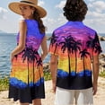 thumbnail image 4 of Jeiento Matching Hawaiian Outfits for Couples Summer Dresses for Women 2026 Coconut Tree Mens Button Down Shirt Sunset Round Neck Sleeveless Mini Dress Loose Fit Pleated Dresses, 4 of 6