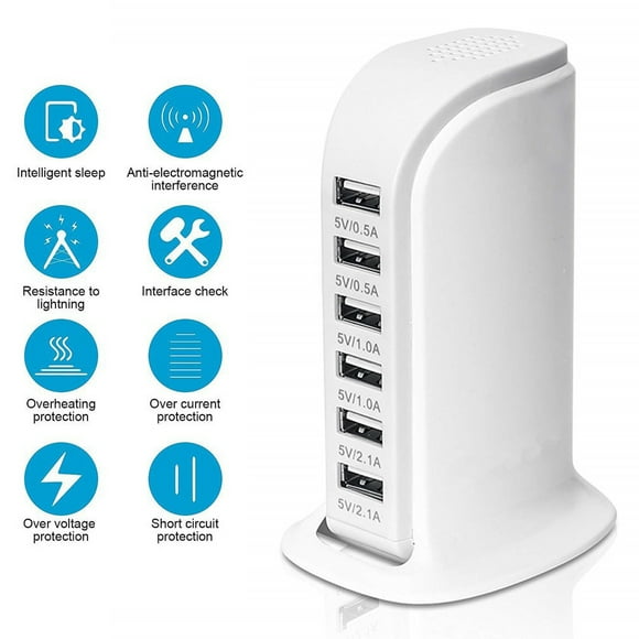 USB Tower Power Adapter 6-Port Smart IC Tech Charging Station with Quick Charge 2.1 for Phone, Tablets, and More (White)