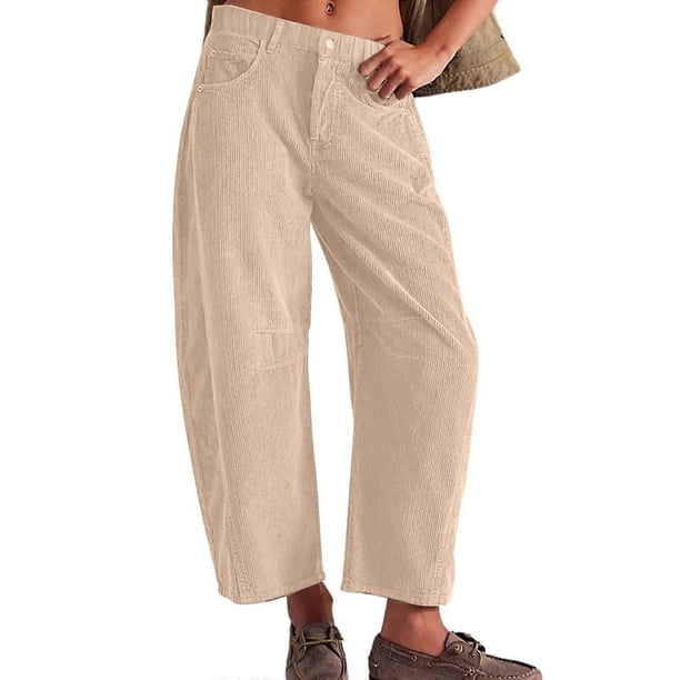 Wide Leg Corduroy Pants for Women Fall Trendy Cropped Pants Elastic Waist Mid Rise Cord Barrel Jeans with Pockets dark green XXL