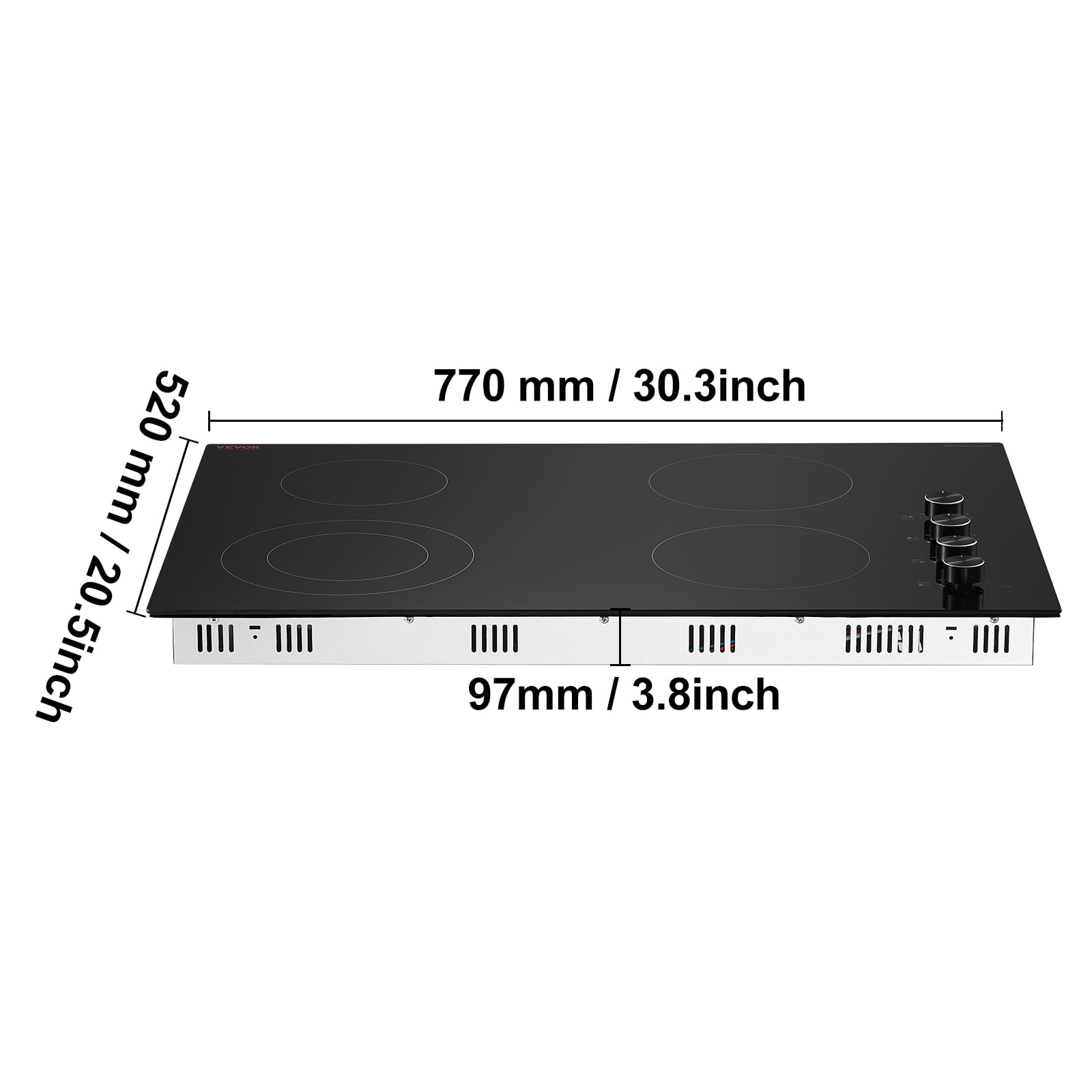 VEVOR Electric Cooktop, 30 inch 4 Burners Built-in Electric Stove Top, 7200W Ceramic Top Radiant Cooktop, with Glass Panel, Knob Control, 11 Heat Levels, 220-240V, Hard Wire (No Plug)