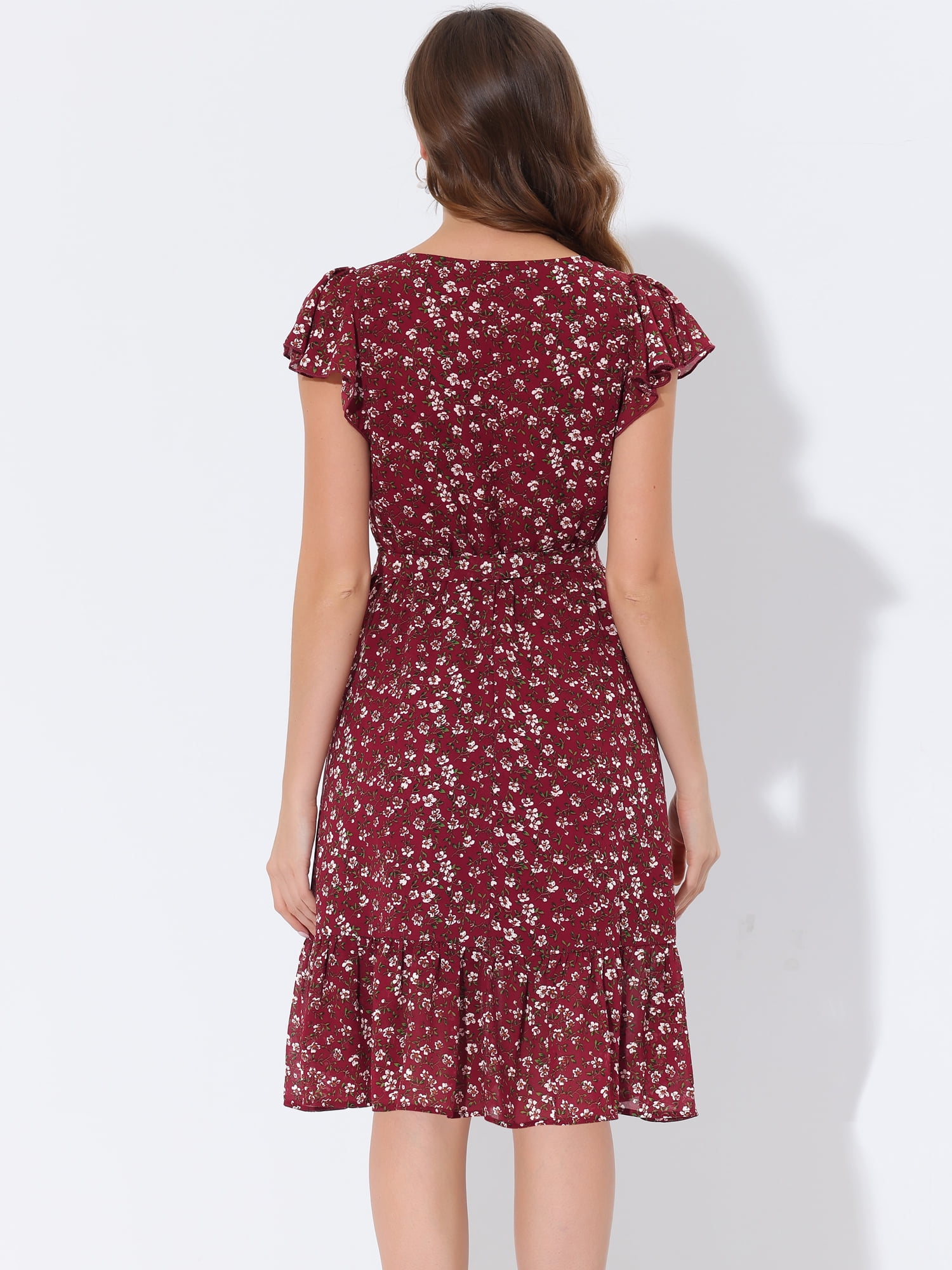 DARING DIVA Square Neck Flutter Sleeve A-Line Midi Dress S Burgundy