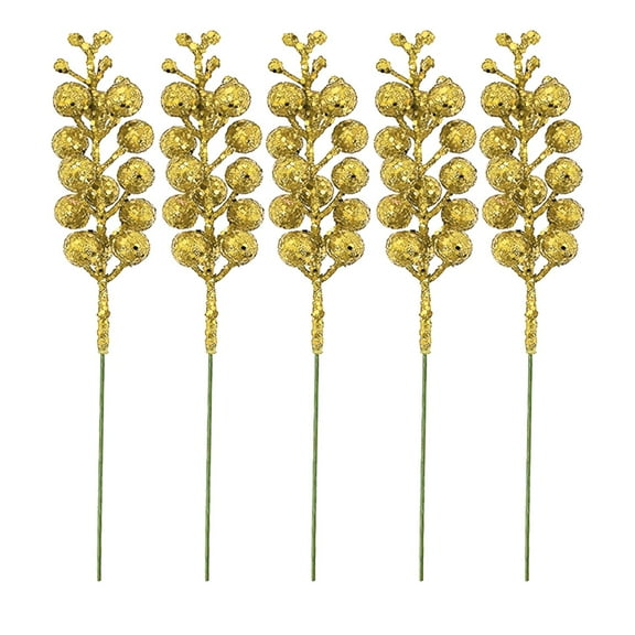 SMKE Christmas Glitter Berries Stems,Faux Winter Berry Sprig,Artificial Xmas Pick,Sparkling Berry Stems & Glitter Tree Pick For Xmas Ornaments,Diy Wreaths,Holiday & Home Decor Gold 5Pc With Wire