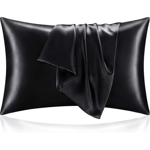 Satin Silk Pillowcase for Hair and Skin, Black Pillow Cases Standard Size Set of 2 Pack, Super Soft Pillow Case with Envelope Closure (20x26 Inches)