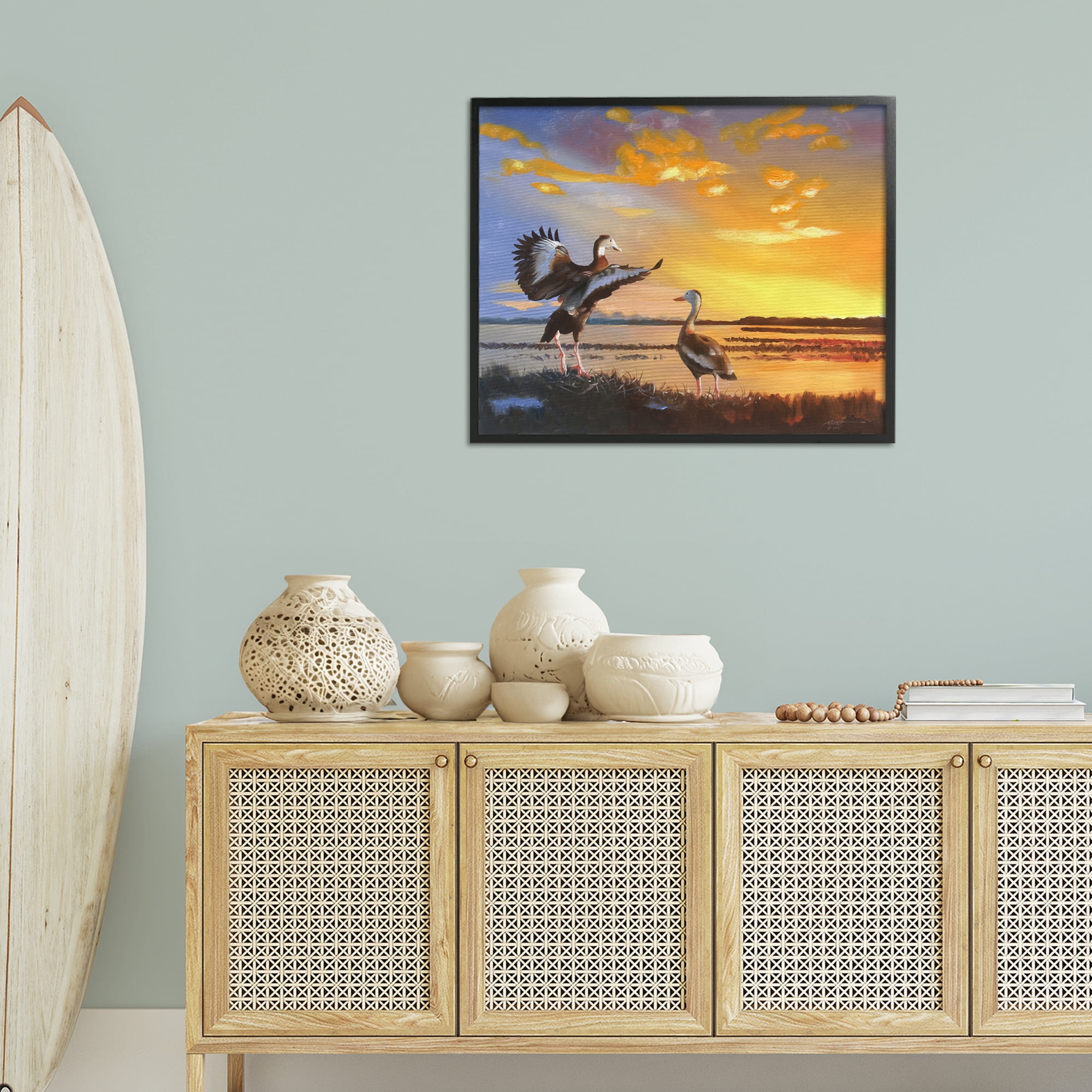 Stupell Industries Beach Birds at Sunset Animals & Insects Painting Black Framed Art Print Wall Art, 30 x 24