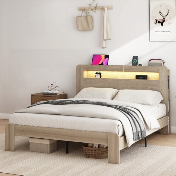 Queen Size Wood Platform Bed Frame with Storage & LED Light,No Box Spring Needed,Dark Gray for Bedroom