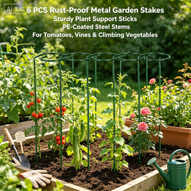 6 PCS Rust-Proof Metal Garden Stakes – Sturdy Plant Support Sticks for Tomatoes, Vines, Climbing Vegetables, PE-Coated Steel Stems with Anti-Slip Surface for Indoor Outdoor Use