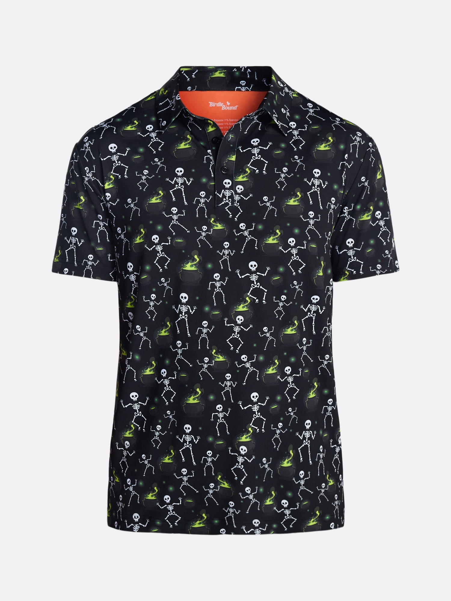 Birdie Bound Halloween Spooky Skeleton Print Golf Polo Shirt, Men's Sizes S-4XLT