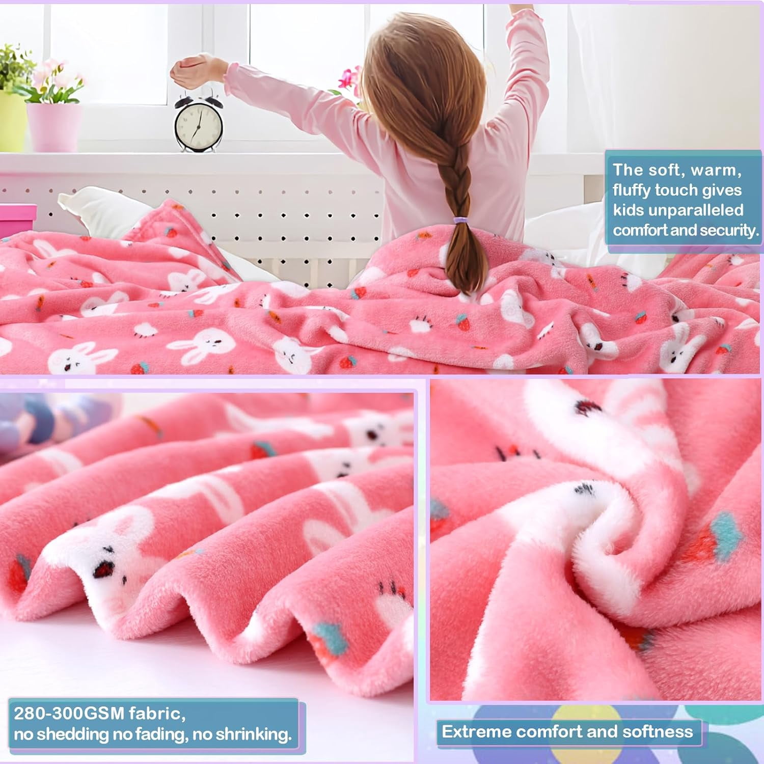Warm Soft Teenagers Fleece Blankets for Women with Cartoon Bunny Pattern Print - Cozy Fuzzy Plush Flannel Users Blanket for Daycare & School - 50x60 inches (Pink)