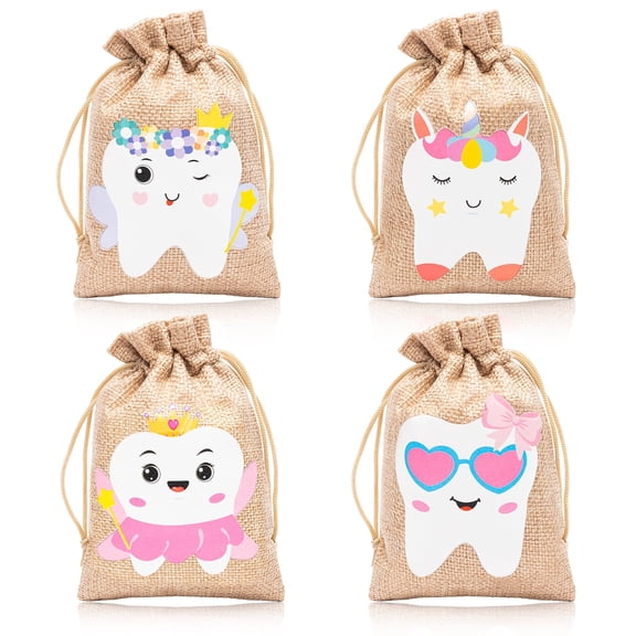 GROBRO7 Storage Bags for Tooth Holder,Princess Flower Fairy Sweet Girl Patterns Keepsake Pouch,4 Pack, 14x10cm