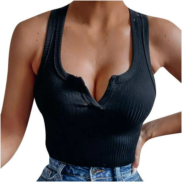 Tops delgados de color sólido sexy de cobertura con cuello en V sin mangas para mujer Pompotops lopia997388