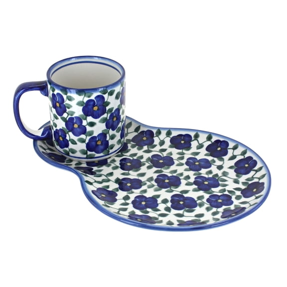 Blue Rose Polish Pottery Violets Oval Breakfast Plate & Mug Set