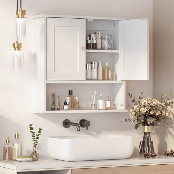 Hironpal Floating Bathroom Medicine Cabinet,24"x24" Over Toilet Storage with Open Shelf,Wall Mounted,Square Door,White