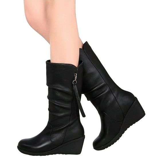 Oyedens Black Wedge Mid Calf Boots for Women Fashion Leather High Heels Zipper Winter Fall Short Boots