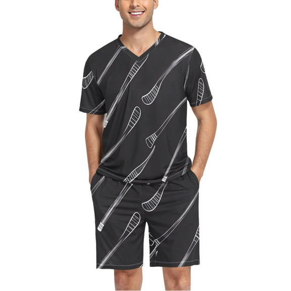 joogoo Men's Pajama Set Hockey Sticks V-Neck Pj Shorts Set 2 Piece Loungewear Sleepwear L