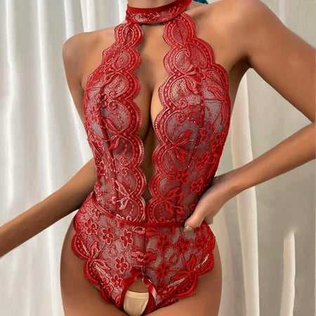 GENGING Sexy Lingerie Clearances Babydoll Lingerie for Women Halter Deep V Neck Floral Lace Teddy Chemise Nightie Sexy Mesh Scallop Trim Nightgown