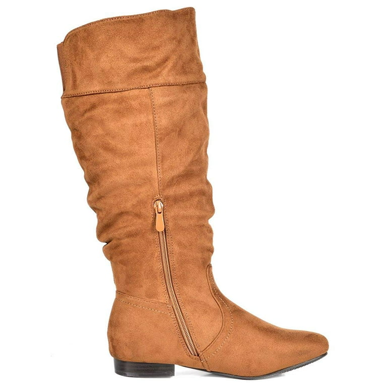 Women PU/Suede Wide Calf Knee High Boots Slouch Flat Heel Booties