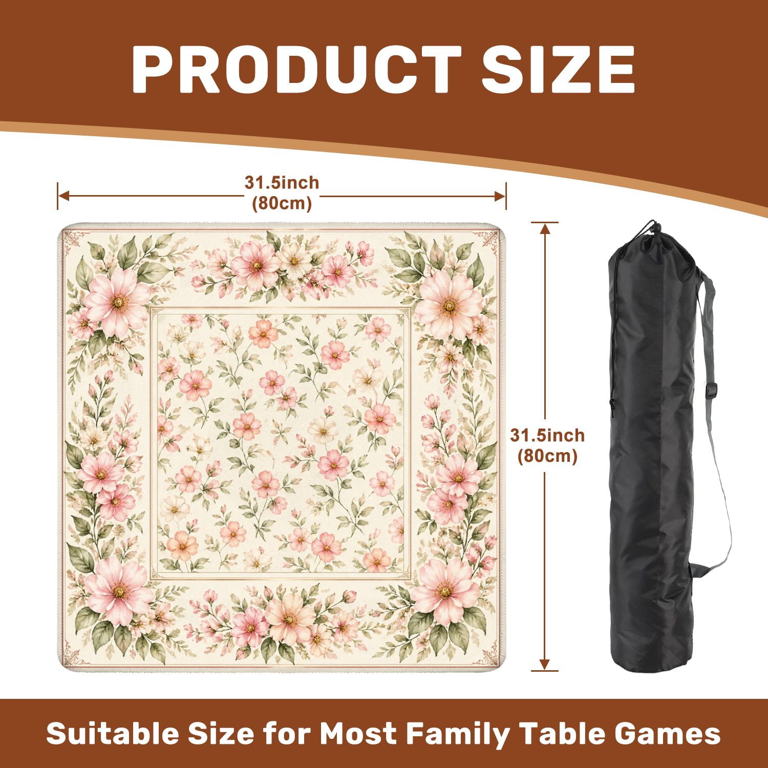 Mahjong Mat 31.5" x 31.5" Delicate Floral Soft Pink Green Leaves Non-Slip Noise Reduction American Mahjong Tiles Table Cover for Dominoes Poker Card Board Games Gift